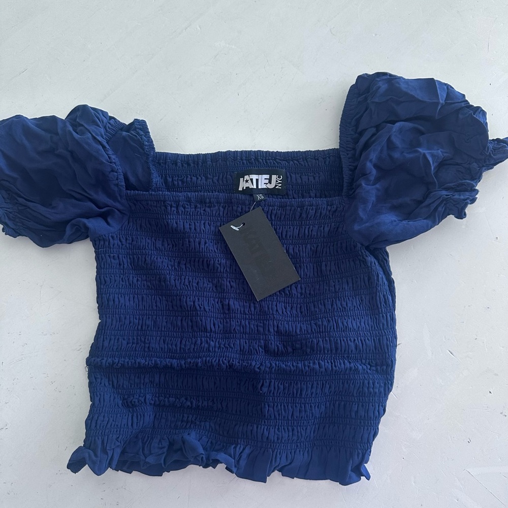 NWT Katie J NYC Blue Smocked Ruffled Crop Blouse